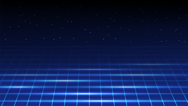 Futuristic background with neon blue grid and starry sky
