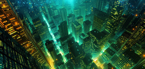 A high-tech city at night, viewed from above, with streets glowing in a labyrinth of light against a dark teal background
