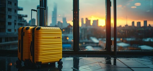 A lone yellow suitcase stands in front of a towering skyscraper, as the sky turns shades of orange and pink during sunset, symbolizing the fleeting moments of adventure before settling back into the 