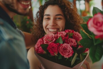 A beaming woman gracefully arranges a stunning bouquet of garden roses, showcasing her love for floral design and adding a touch of joy to any indoor space