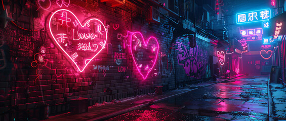 Futuristic urban street art. Bright Cyberpunk vibes. Neon graffiti on a wall.