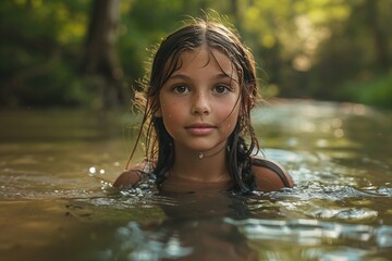Native american indian girl swimming in the river. 