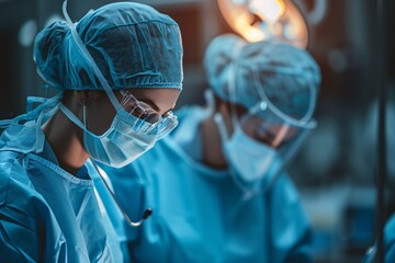 A team of medical professionals donning surgical masks and goggles prepare for a delicate procedure in a sterile operating theater, their scrubs and gloves a symbol of their dedication to providing t