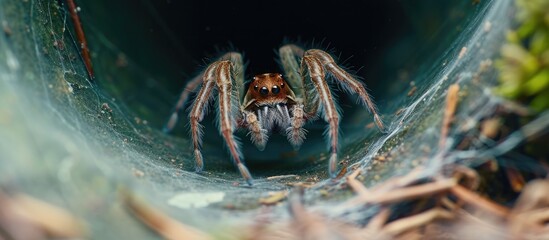 A defensive spider in Sydney strikes a stunning pose on a funnel web inside a tube. - obrazy, fototapety, plakaty