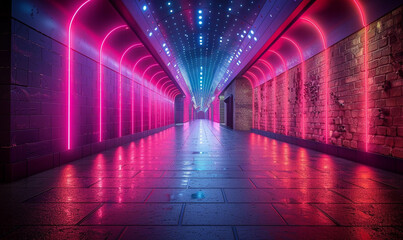 Futuristic tunnel illuminated with neon lights and reflective floor