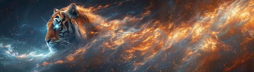Muurstickers A fierce tiger blending into a cosmic fire, evoking a sense of power and mystique © Vodkaz
