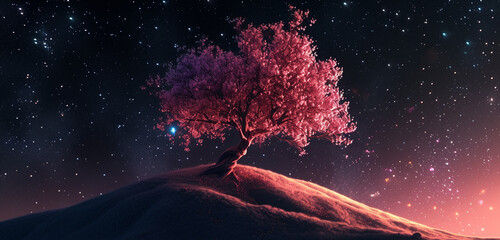 A lone tree on a hill, its branches twisting against a star-filled sky in amoled colors, set on a black background, combining natural beauty with a touch of surrealism in 3D, 8K