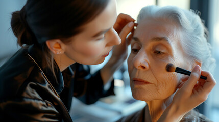 .A makeup artist attentively applies makeup to a serene elderly woman