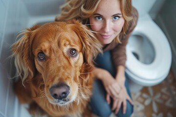 Woman and dog in toilet.