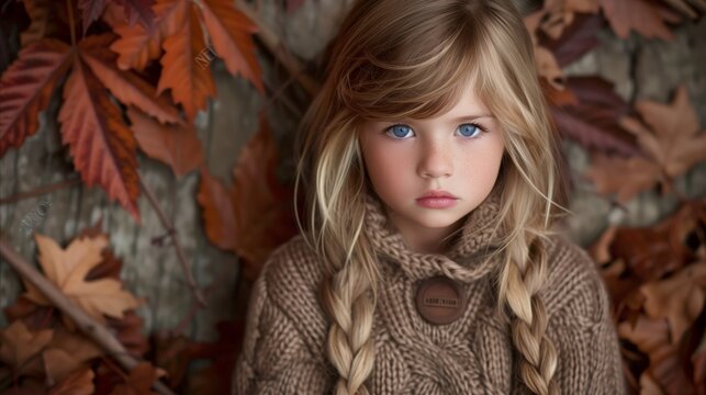 Serene child with autumn leaves and sweater