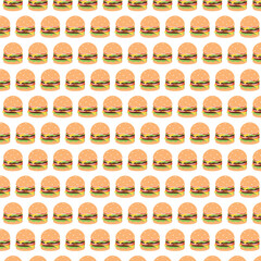 Hand drawn burger template in flat style. Seamless template with fresh cheeseburger with meat, sauce, tomatoes, cheese and greens. Flat vector illustration for wrapping and packaging purposes