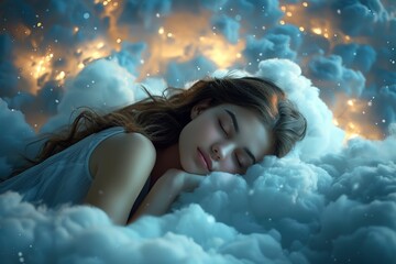 A woman sleeping peacefully in the clouds.	