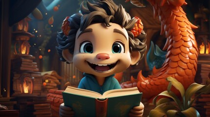 Cartoon Character Reading a Book in the Woods