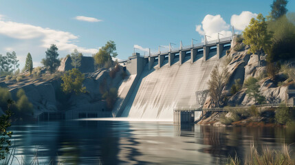 Hydroelectric dam on the river, water discharge from the reservoir. Generative AI