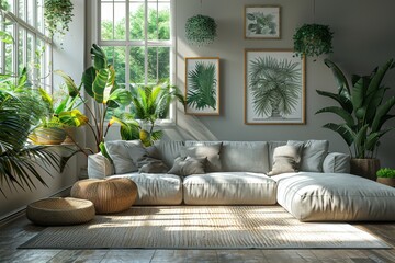 An inviting indoor oasis, adorned with a cozy couch, lush houseplants, and stylish furniture, perfect for relaxing and unwinding in the comfort of your own home