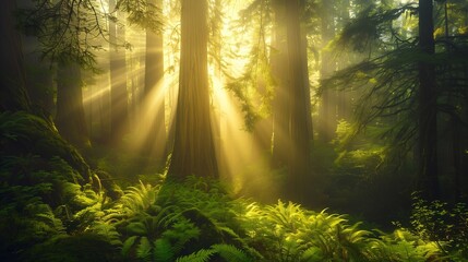 Beneath a canopy of ancient redwoods, shafts of sunlight filter through the towering trees,