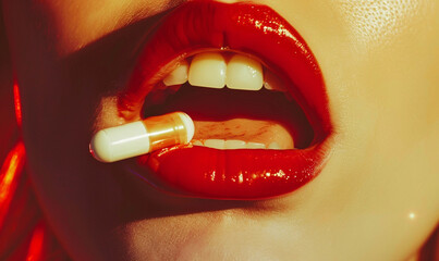 Sensual female mouth in close-up portrait with pills between lips.