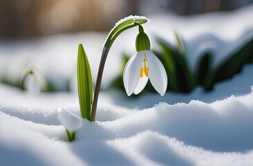 Beautiful snowdrop growing among the snow. Spring background with flowers, blurred bokeh, free place for text. Template for Birthday, Women's Day, Mother's Day. Floral picture.