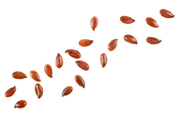Linseeds isolated on a white background, view from above. Brown flax seeds. - obrazy, fototapety, plakaty