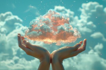 A serene moment captured as a person's hands hold onto a cloud, surrounded by the vast expanse of the sky and the peacefulness of an underwater world - obrazy, fototapety, plakaty
