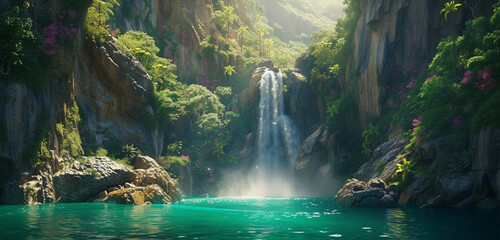 A majestic waterfall, its waters a shimmering silver, plunging into a lagoon of deep emerald green - obrazy, fototapety, plakaty
