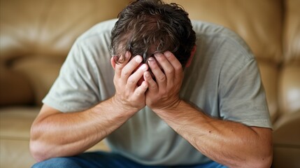 Stressed man covering face with hands at home