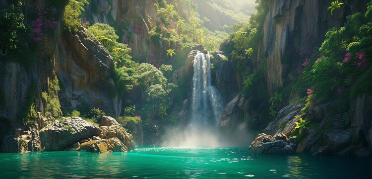 A majestic waterfall, its waters a shimmering silver, plunging into a lagoon of deep emerald green