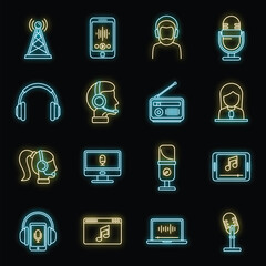 New podcast icons set. Outline set of new podcast vector icons neon color on black