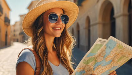 Beautiful girl tourist with a map in her hands in the city journey