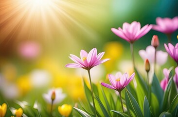 Fototapeta premium Spring background with flowers, blurred bokeh, free place for text. Greeting card for spring holidays. Template for Birthday, Women's Day, Mother's Day. Floral picture.