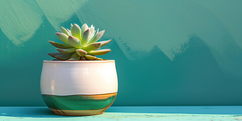 Succulent in striped ceramic pot against teal wall. Home decor and interior design concept. Banner...