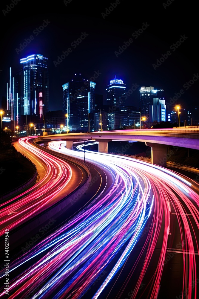 Sticker traffic on highway at night. An urban, night-time highway is in motion. View from above.