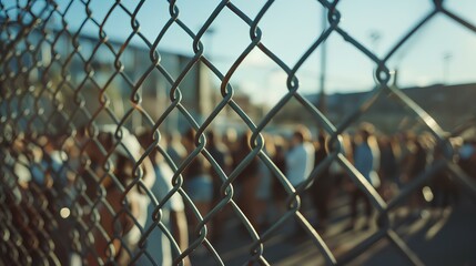 straight on wide view photograph of a chain link fence in front of a concert crowd during midday. generative AI