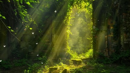 Deep within a mystical forest, shafts of sunlight pierce through the dense foliage, illuminating a tranquil clearing where ancient ruins - obrazy, fototapety, plakaty