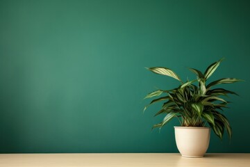 potted plant on table in front of green wall