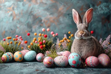 Happy Easter Eggs easter egg treats. Bunny hopping in flower concrete wallpaper decoration. Adorable hare 3d easter eggs rabbit illustration. Holy week impression card egg relay