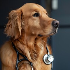 golden retriever with stethoscope, Generative AI