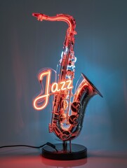 This is an image of a decorative neon sign that features a vertically aligned saxophone with red and blue lighting. The word 