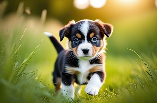 A photo of a cute puppy playing in the grass