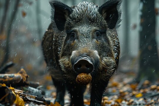 A majestic boar proudly carries a pine cone, showcasing its wild nature and connection to the great outdoors - Powered by Adobe