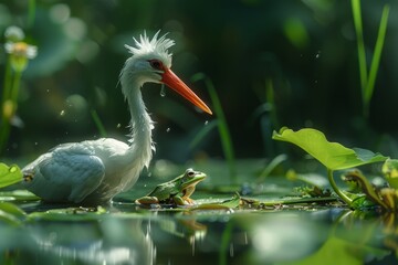 Amidst the shimmering waters, a majestic ciconiiformes bird and a playful frog coexist in perfect harmony, showcasing the beauty and wonder of nature's aquatic realm