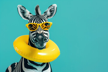 Whimsical zebra dons yellow sunglasses and swim ring, against a refreshing turquoise backdrop, ready for a summer splash.