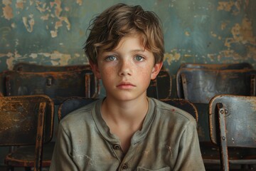 A young boy, dressed in casual clothing, sits in a chair against a wall indoors, his human face conveying a sense of contemplation and comfort