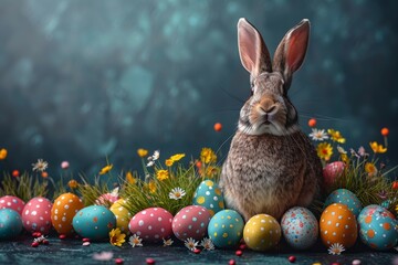 Happy Easter Eggs easter egg customs. Bunny hopping in flower colorful decoration. Adorable hare 3d easter vigil rabbit illustration. Holy week turquoise sky card peach