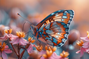 A vibrant orange brushfooted butterfly delicately perches on a colorful flower, showcasing the beauty and importance of pollinators in the natural world - obrazy, fototapety, plakaty