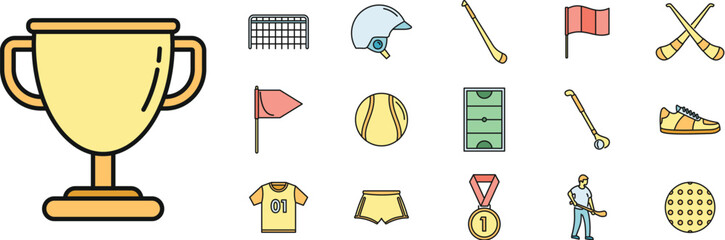 Hurling game icons set. Outline set of hurling game vector icons thin line color flat on white - obrazy, fototapety, plakaty