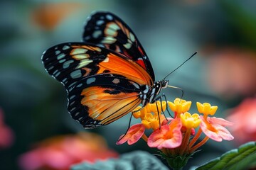 Fototapeta na wymiar A colorful brushfooted butterfly delicately perches on a vibrant orange flower, showcasing the beauty and importance of pollinators in our outdoor world