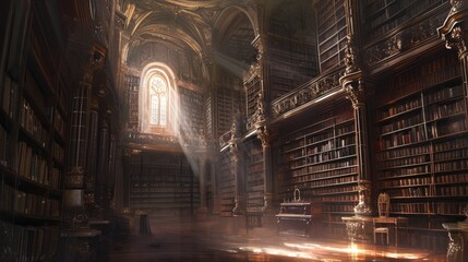 An ancient library filled with magical books, glowing orbs, and mystical artifacts. Shelves reach up to a high, vaulted ceiling, with soft light filtering through stained glass windows. Resplendent.
