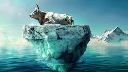 Surreal concept image depicting a cow and calf atop a floating iceberg in a clear blue ocean, with snow-capped mountains rising in the background.Digital art concept.AI generated.  - obrazy, fototapety, plakaty