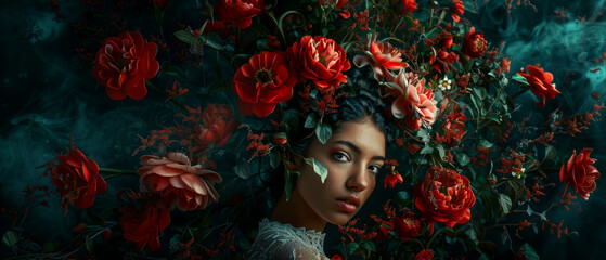 Full body pose in the style of John Collier blended with surreal elements like flowers and face on a dark background